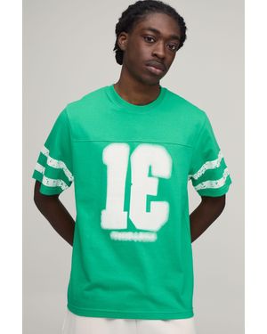 BoohooMAN Regular Boxy Fit Washed Varsity Print Panel T-Shirt - Green