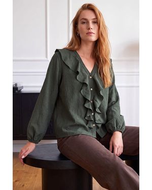 Roman Ruffle Textured Blouse - Brown