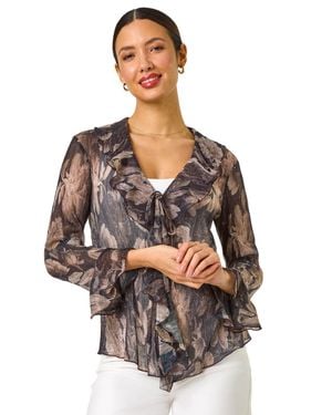 Roman Metallic Print Frill Front Plisse Top - Grey