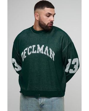 BoohooMAN Plus Ribbed Knit Oversized Distressed Varsity Jumper - Green