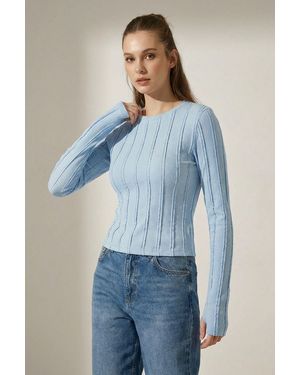 Bigdart Ribbed Crew Neck Long Sleeve Blouse - Blue