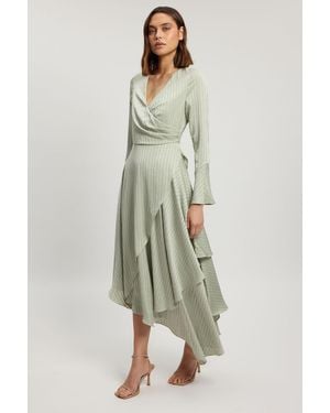 Karen Millen Hammered Satin With Lace Trim Long Sleeve Hanky Hem Dress - Green