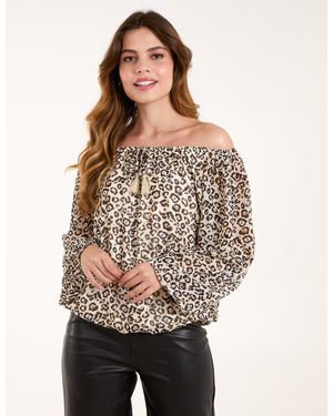 Blue Vanilla Bardot Elastic Neckline Leopard Tassel Top - Natural
