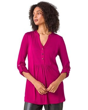 Roman V-Neck Button Detail Tunic Top - Pink
