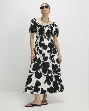 River Island Midi Dress Monochrome Floral Shirred Cotton - White