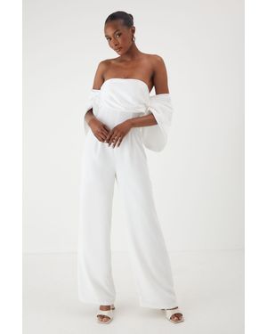 MissPap Bardot Volume Sleeve Wide Leg Jumpsuit - White