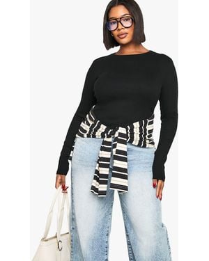 Boohoo Plus Rib Long Sleeve Crew Neck Top - Black