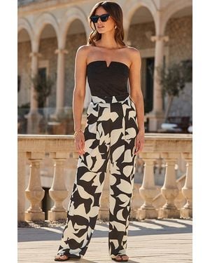 Sosandar Ivory Floral Print Satin Wide Leg Trousers - Black