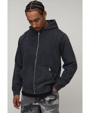 BoohooMAN Essential Washed Boxy Zip Through Hoodie - Blue