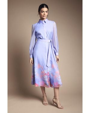Wallis Floral Organza Belted Shirt Dress - Blue