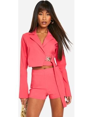 Boohoo Super Stretch Trim Detail Tie Waist Cropped Blazer - Red