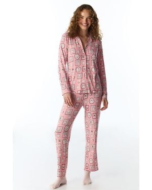 Penti Postcard Ribbed Long Sleeve Shirt Trousers Pyjama Set - Red