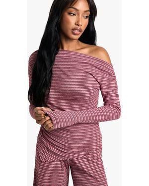Boohoo Striped Jersey Slouchy Off Shoulder Top - Red