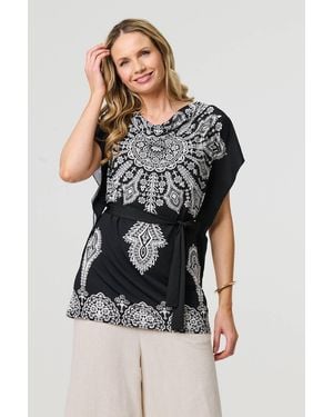 Izabel London Paisley Print Tie Waist Kimono Blouse Top - Black