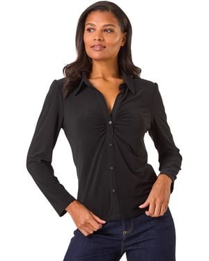 Roman Collar Button Stretch Blouse - Black