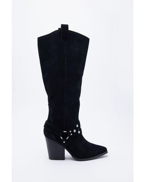 Warehouse Suede Harness Detail Knee High Cowboy Boot - Black