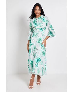Wallis Petite Floral Neck Trim Ruffle Midi Dress - Blue