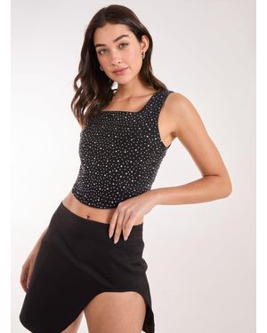 Pink Vanilla Diamante Denim Crop Top - Black