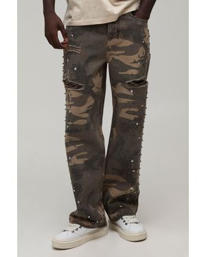 BoohooMAN Camo Relaxed Rhinestone Embellished Ripped Jeans - Grey