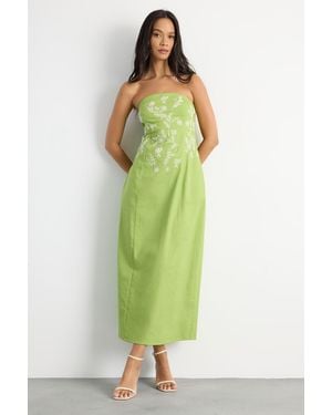 Warehouse Embroidered Bandeau Midi Dress - Green