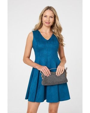 Izabel London Faux Suede Knee Length Skater Dress - Blue