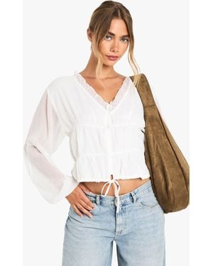 Boohoo Chiffon Ruched Crop Blouse - White