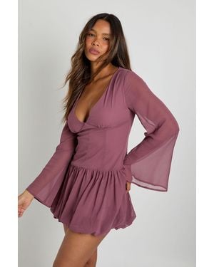 Boohoo Chiffon Drop Waist Puff Ball Mini Dress - Purple
