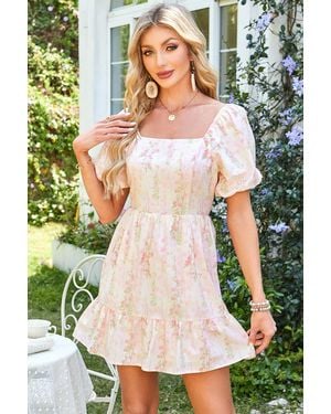Azura Exchange Floral Puff Sleeve Square Neck Knotted Open Back Ruffled Mini Dress Cotton - Pink