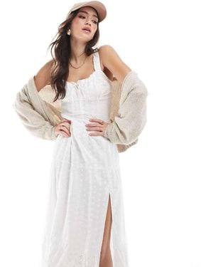 Hollister Embroidered Eyelet Detail Shirred Bust Maxi Dress With Thigh Split - White
