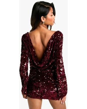 Boohoo Velvet Sequin Scoop Back Long Sleeve Top - Red
