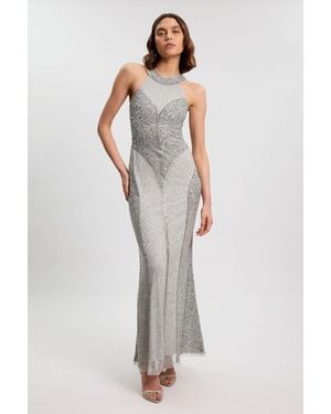 Karen Millen Petite Crystal Embellished Halter Woven Maxi Dress - Metallic