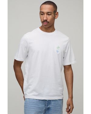 BoohooMAN Regular Fit Palm Tree Embroidered T-Shirt - White