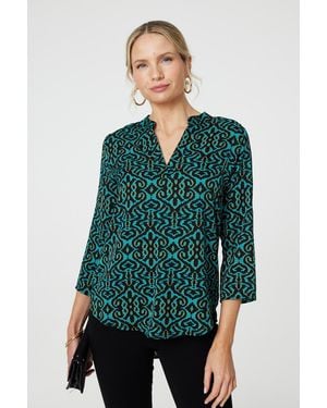 Izabel London Aztec Print 3/4 Sleeve Curve Hem Blouse - Green