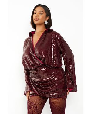 Boohoo Plus Sequin Draped Flare Sleeve Shirt Dress - Red