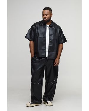BoohooMAN Plus Oversized Studded Leather Look Short Sleeve Shirt - Black