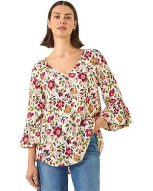 Roman Floral Print Flare Sleeve Top - Red
