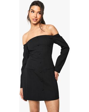 Boohoo Bardot Tailored Button Down Mini Dress - Black