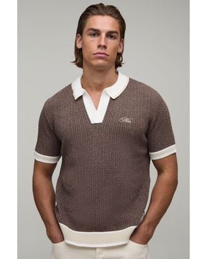 BoohooMAN Cable Embroidered Knitted Polo - Brown