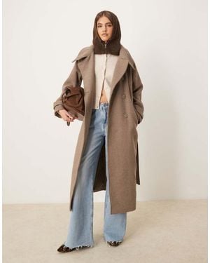 Gina Tricot Wool Blend Belted Midaxi Coat With Funnel Neck Detail - Natural