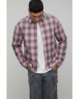BoohooMAN Tall Oversized Jewel Embellished Heavyweight Check Shirt - Grey