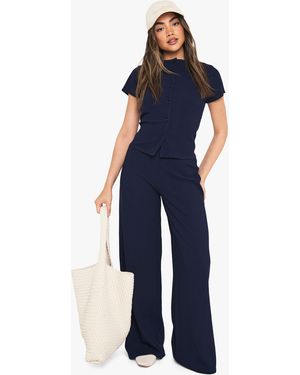 Boohoo Crinkle Rib Button Through Cap Sleeve Top And Trouser Set - Blue