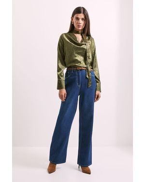 PRINCIPLES Cowl Tie Neck Satin Jacquard Blouse - Blue