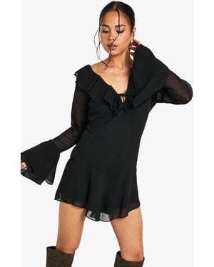 Boohoo Chiffon Ruffle Godet Hem Playsuit - Black