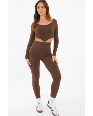 Quiz Knit Ribbed Leggings - Brown