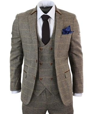 Infinity Leather 3 Piece Herringbone Tweed Check Suit - Grey