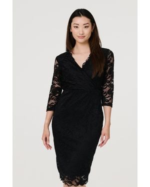Izabel London Lace 3/4 Sleeve Faux Wrap Front Dress - Black
