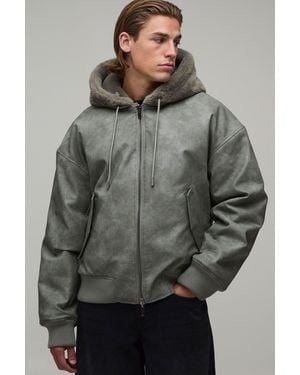 BoohooMAN Oversized Reversible Faux Fur & Pu Hooded Bomber Jacket - Grey