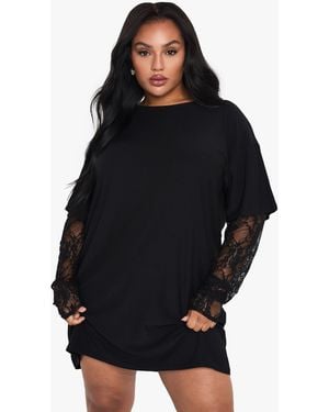 Boohoo Plus Lace Sleeve Oversized T-Shirt Dress - Black