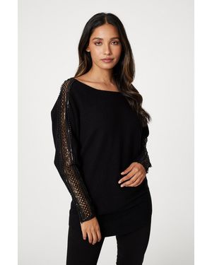 Izabel London Sequin And Lace Sleeve Knit Pullover - Black