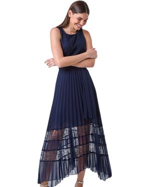 Roman Pleated Lace Detail Midi Dress - Blue